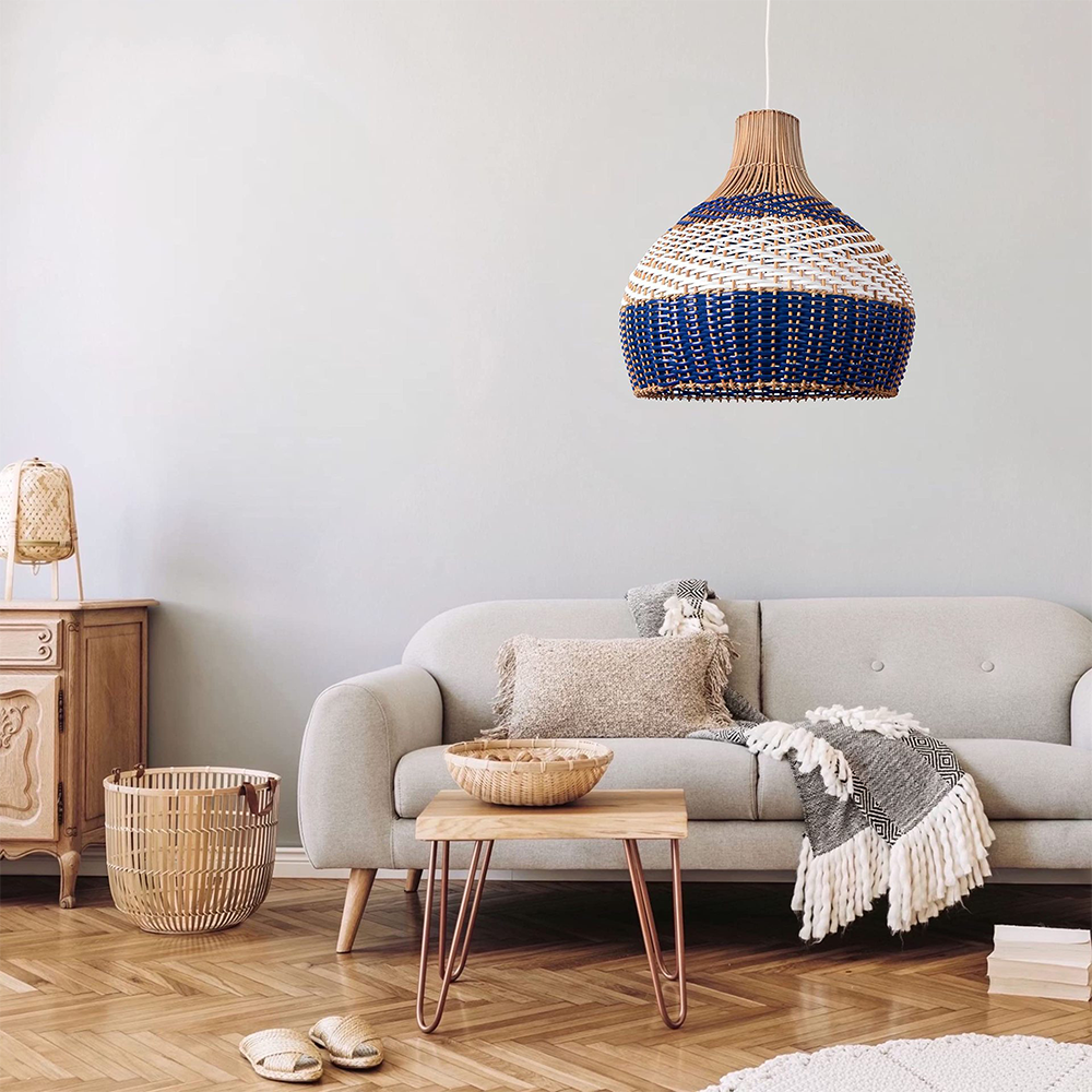 White and Blue Rattan Rattan Pendant Light