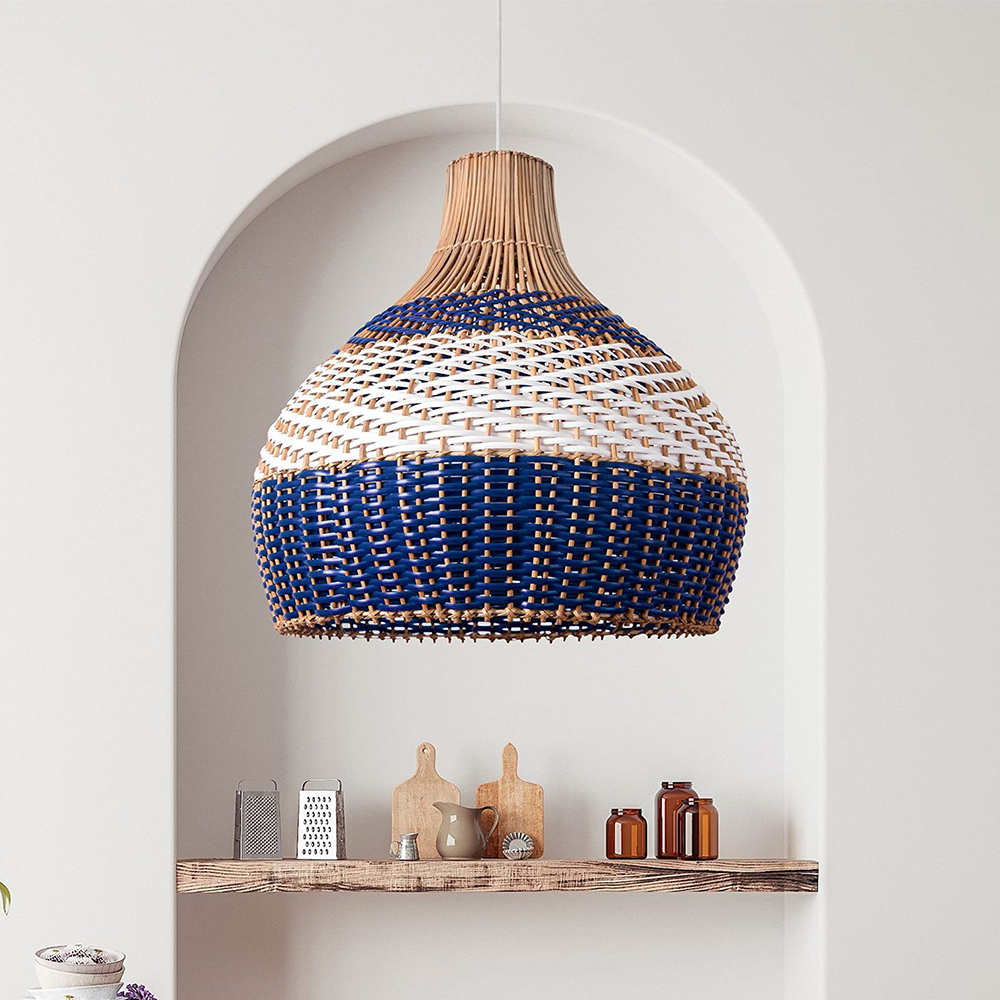 White and Blue Rattan Rattan Pendant Light