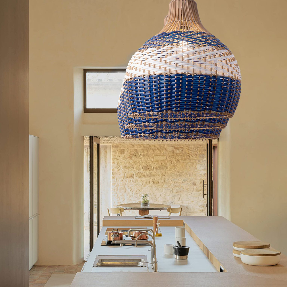 White and Blue Rattan Rattan Pendant Light