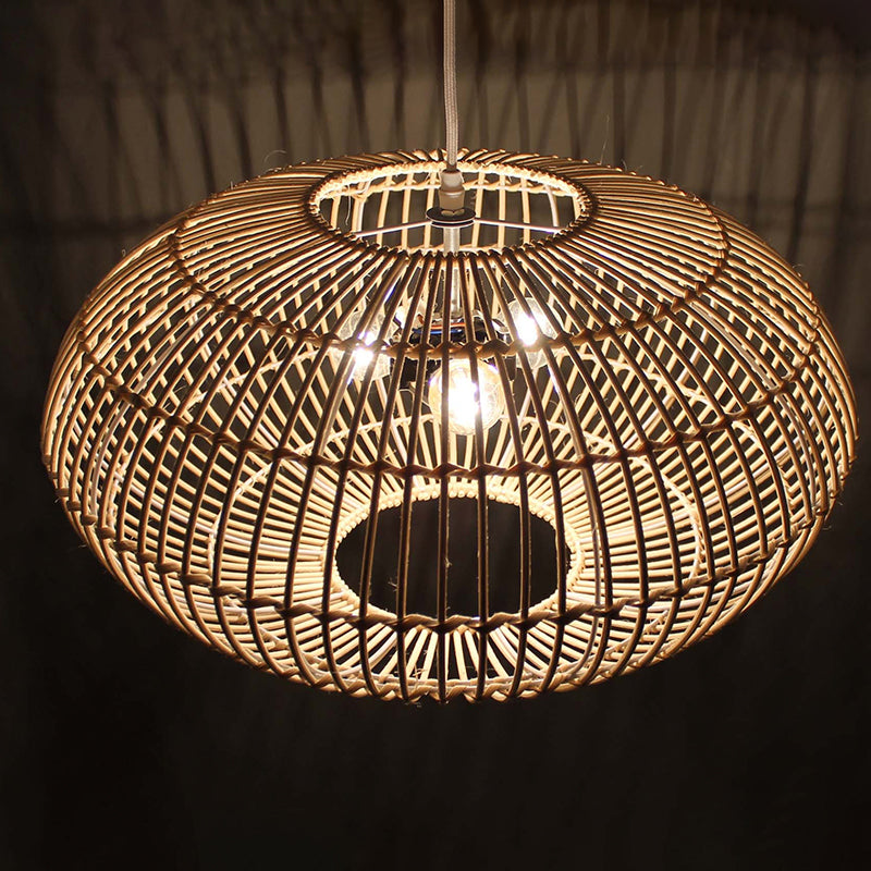 Ellipse-shaped Rattan Pendant Light Handmade Three Light Rustic Lighting