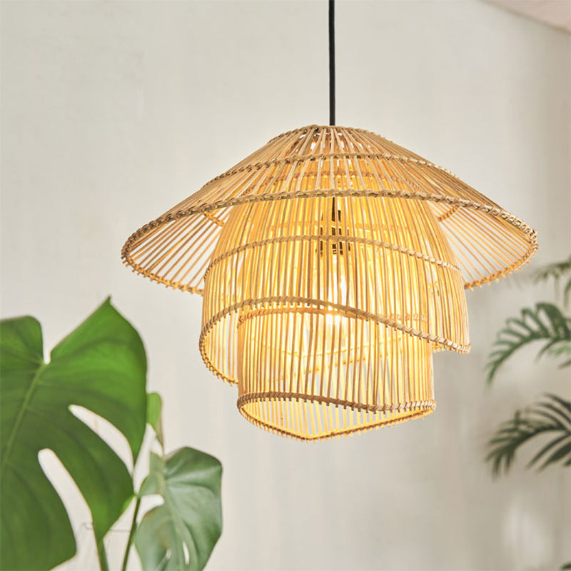 Retro Handmade Woven Tiered Rattan Pendant Lamp