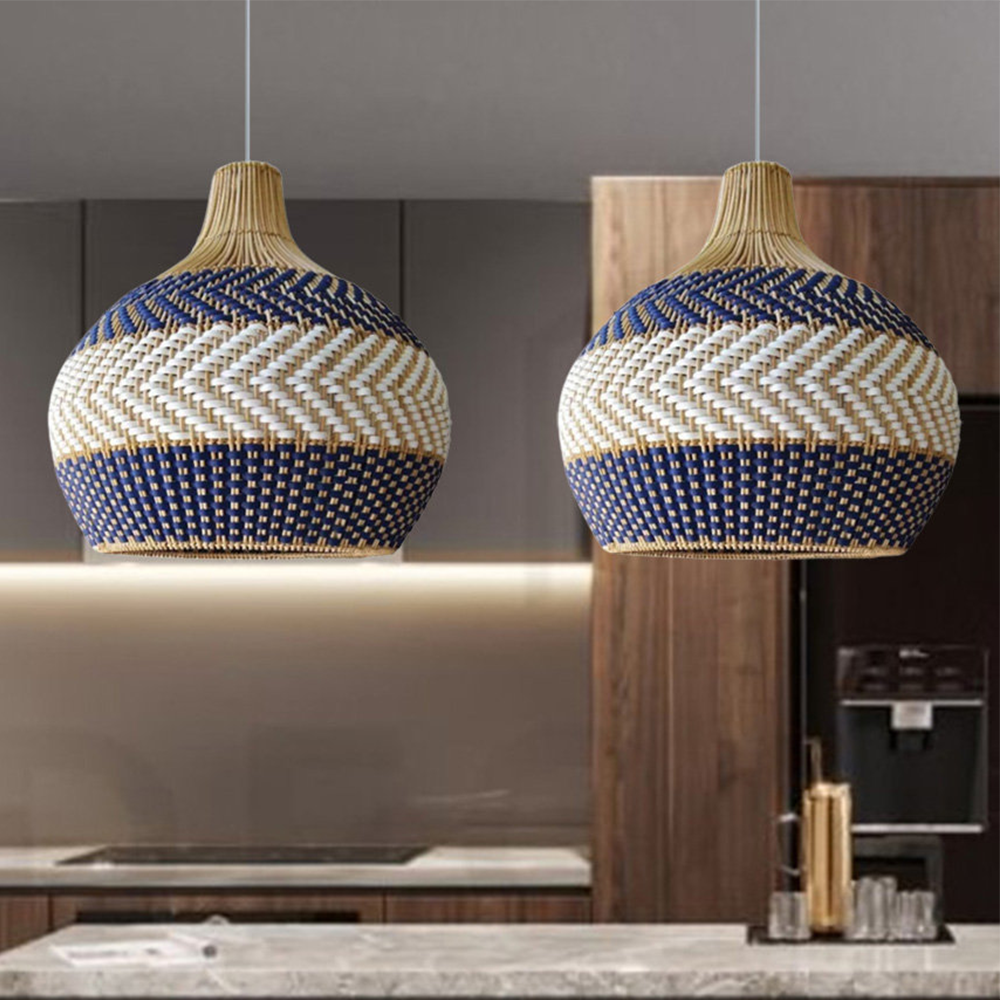 White and Blue Rattan Rattan Pendant Light