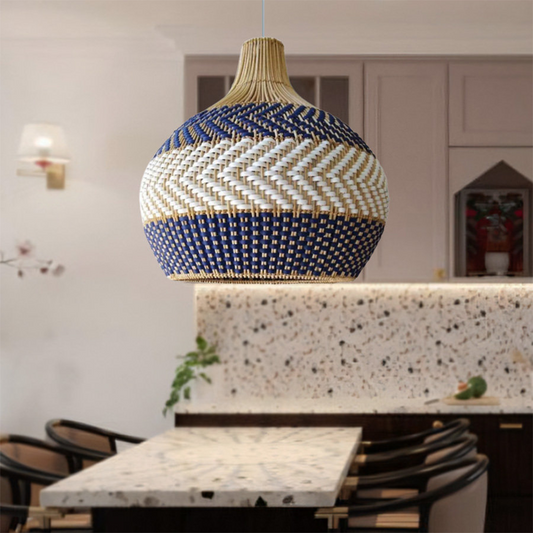 White and Blue Rattan Rattan Pendant Light