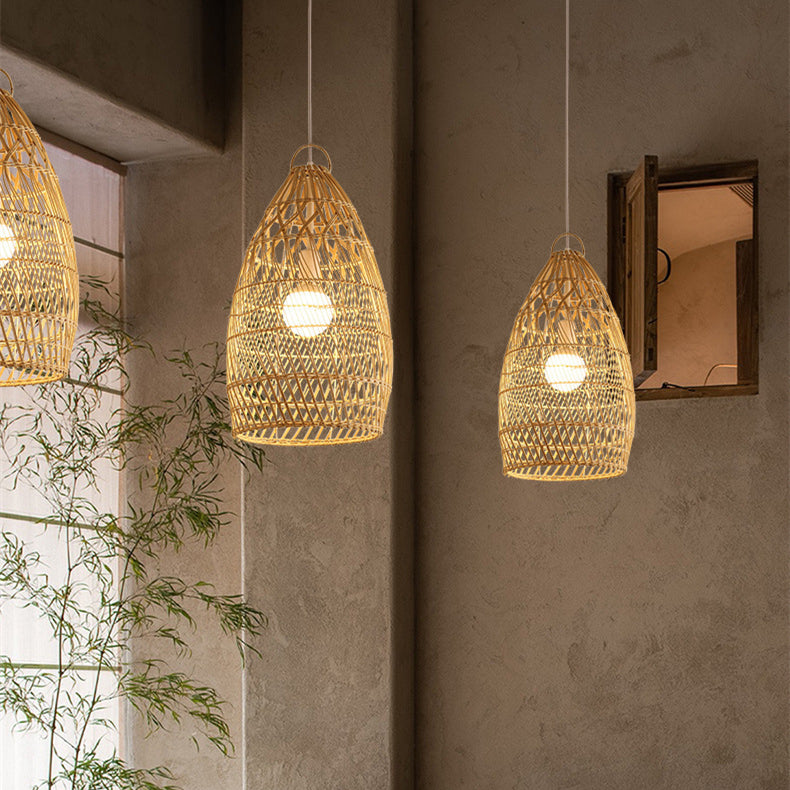 Handmade 1-Light Rattan Cage Basket Pendant Light Wicker Lampshade