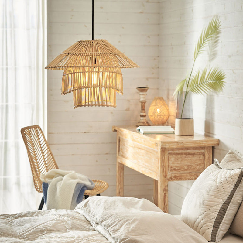 Retro Handmade Woven Tiered Rattan Pendant Lamp