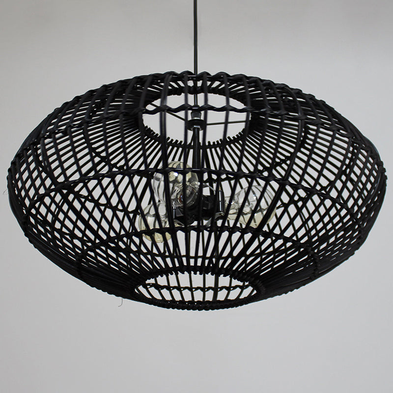 Ellipse-shaped Rattan Pendant Light Handmade Three Light Rustic Lighting