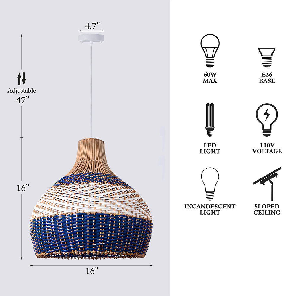 White and Blue Rattan Rattan Pendant Light