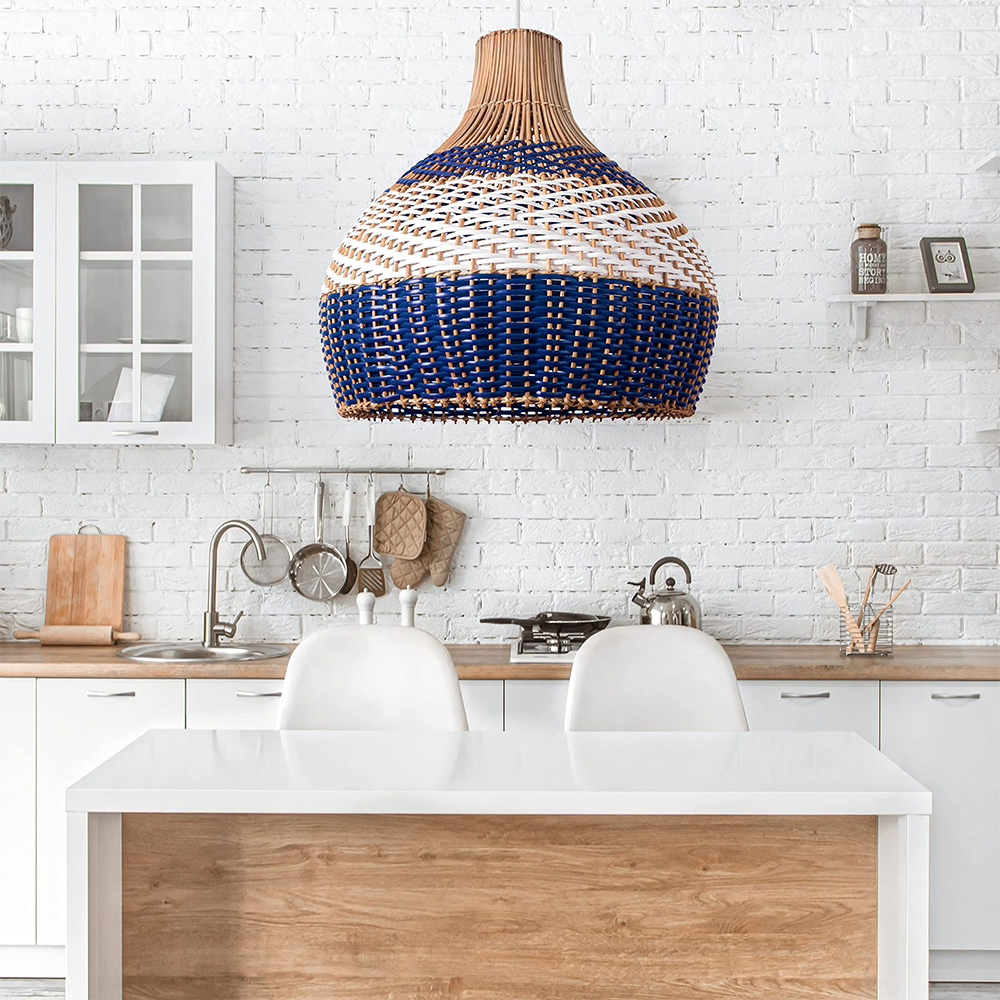 White and Blue Rattan Rattan Pendant Light