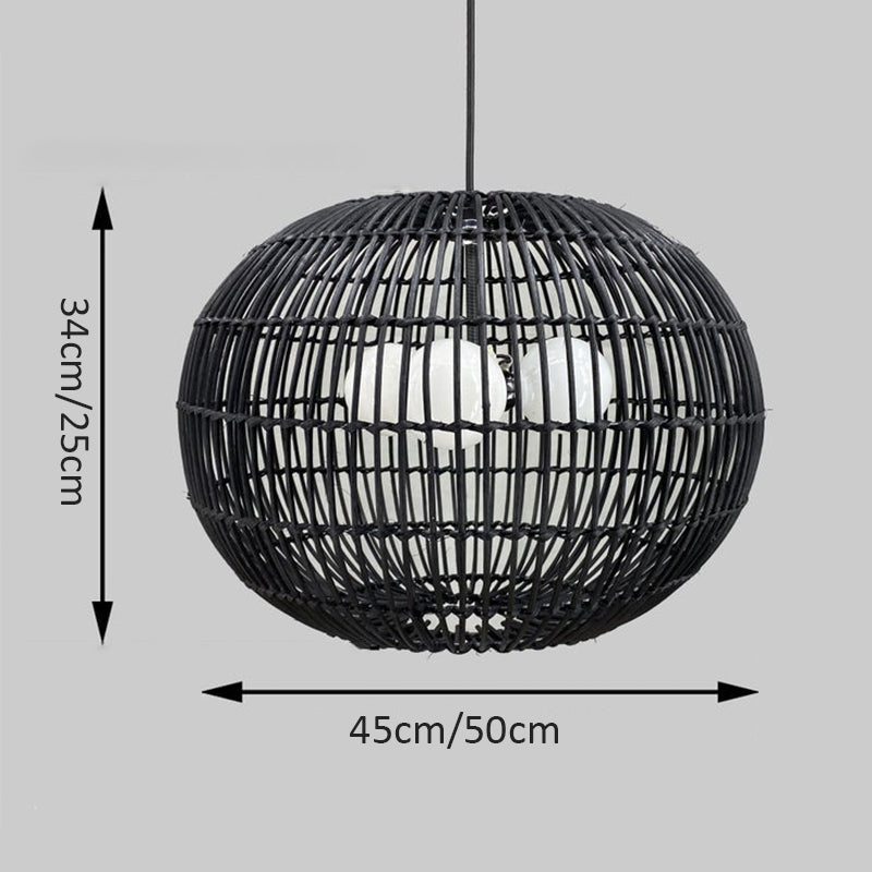 Ellipse-shaped Rattan Pendant Light Handmade Three Light Rustic Lighting