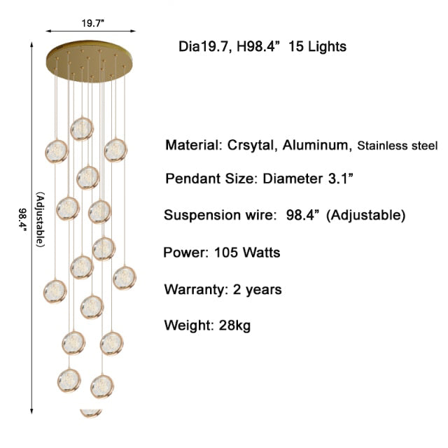 Hanging crystal light fixture for staircase, living room, lobby , stairwell