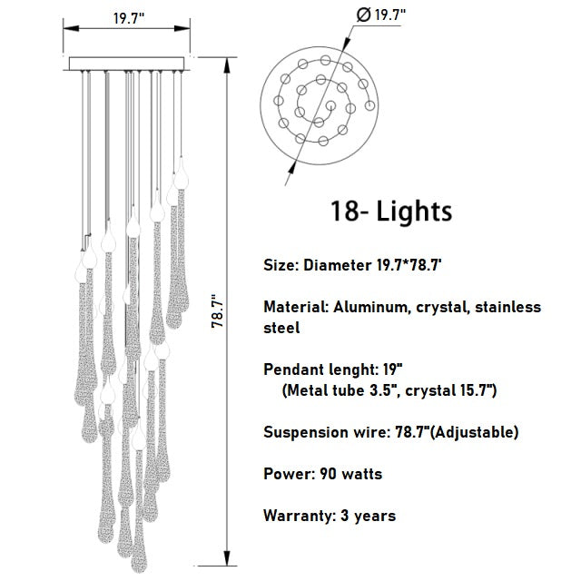 Luxury modern crystal chandelier for staircase, living space, bathroom, stairwell