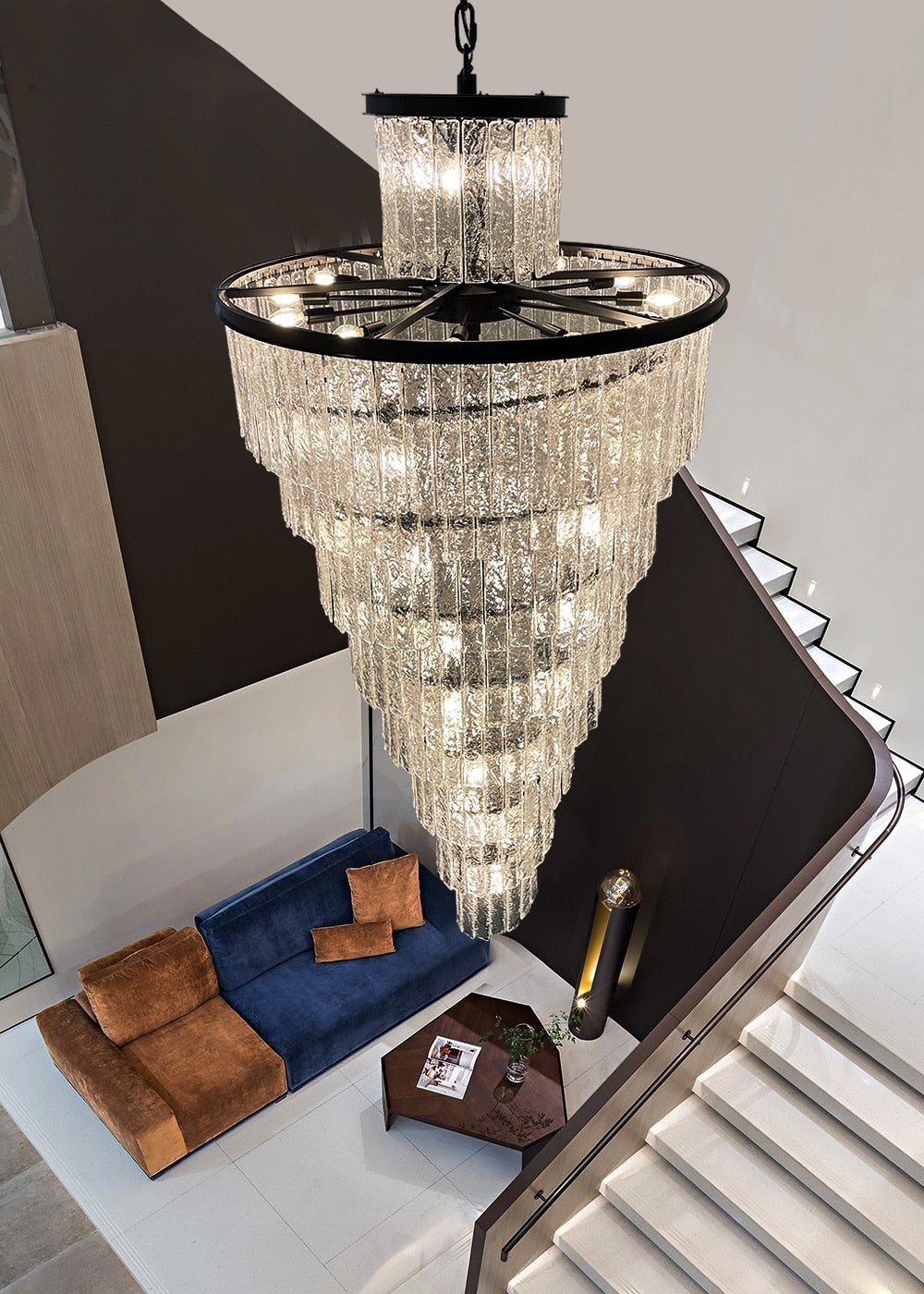 Luxury Frosted Glass Long Black Chandelier For Staircase, Living room, Stairwell