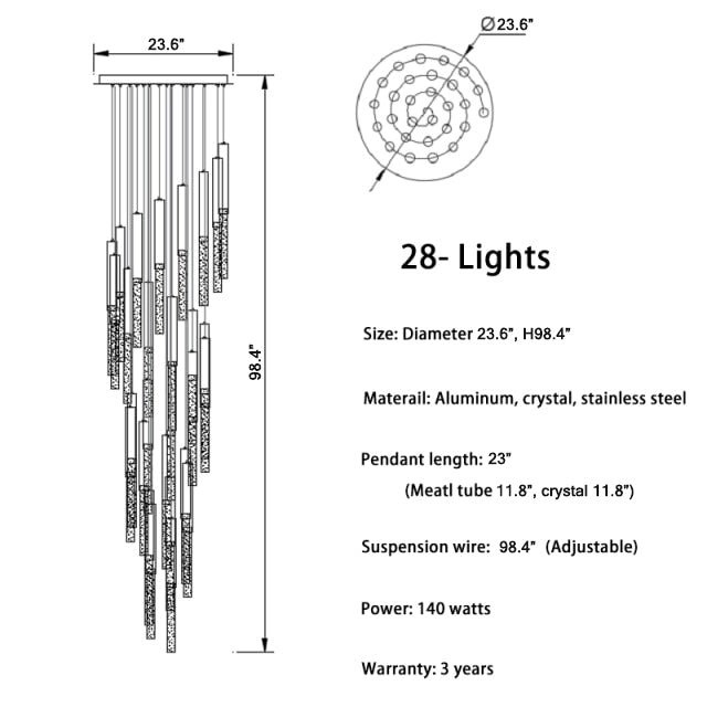 Long LED spiral chandelier for staircase, living room , stairwell