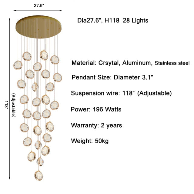 Hanging crystal light fixture for staircase, living room, lobby , stairwell