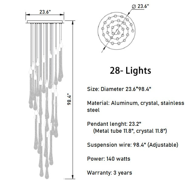 Luxury modern crystal chandelier for staircase, living space, bathroom, stairwell