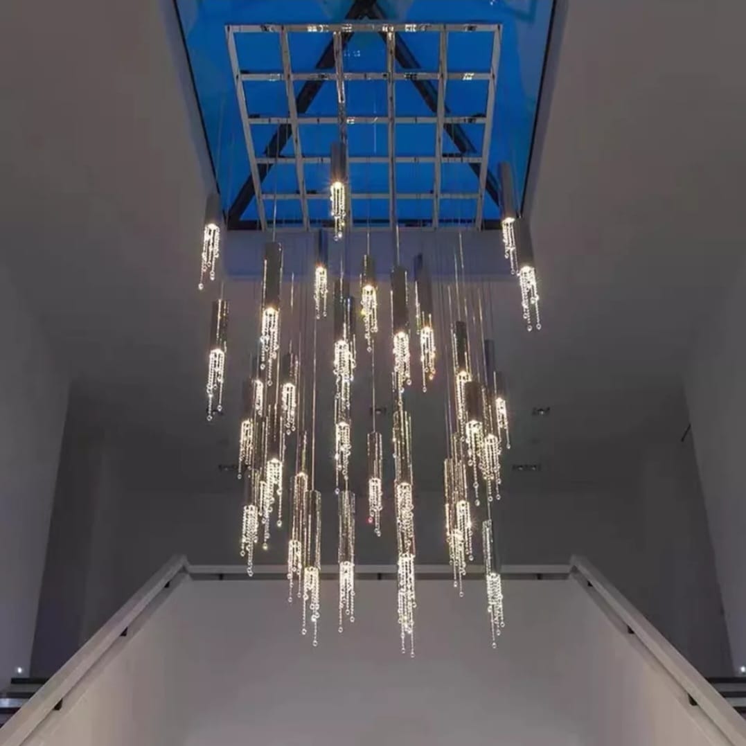 Hanging crystal light fixture for lobby, staircase, loft, lobby, stairwell