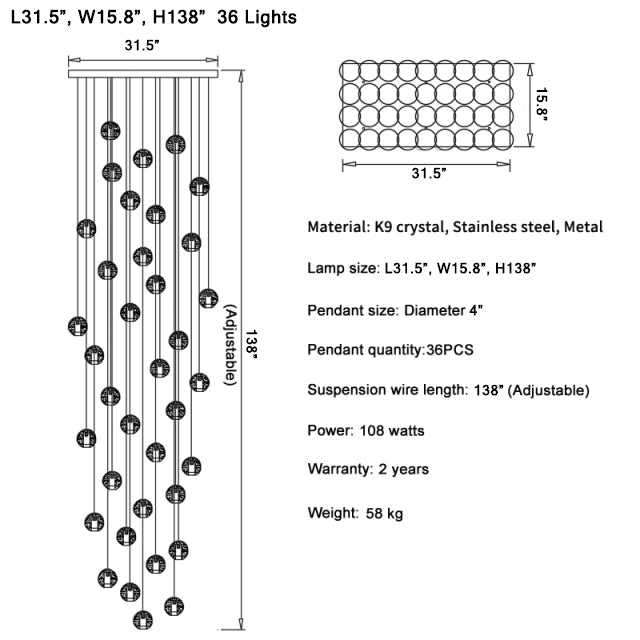 Crystal hanging light fixture for living room, staircase, dining room , stairwell