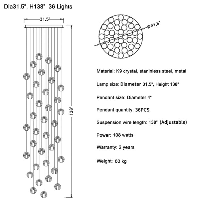 Crystal hanging light fixture for living room, staircase, dining room , stairwell