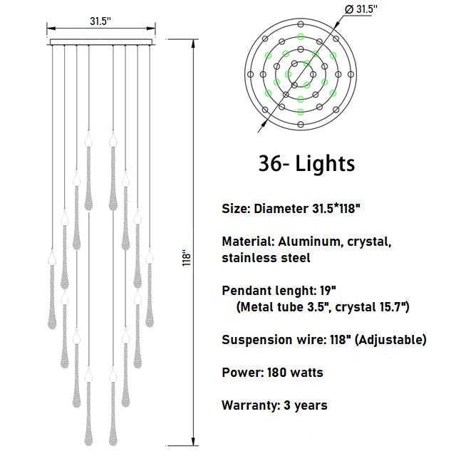 Luxury modern crystal chandelier for staircase, living space, bathroom, stairwell