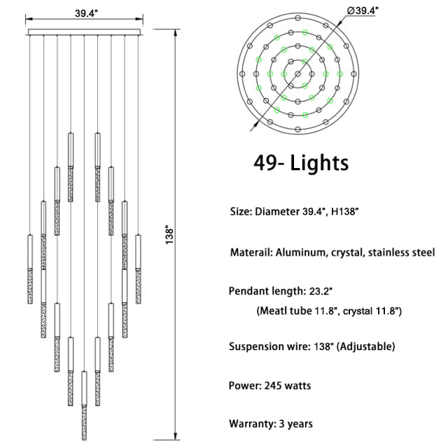 Long LED spiral chandelier for staircase, living room , stairwell