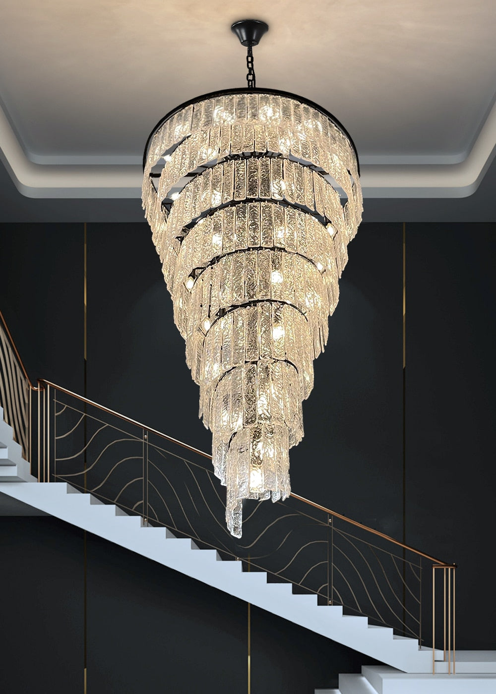 Luxury Frosted Glass Long Black Chandelier For Staircase, Living room, Stairwell