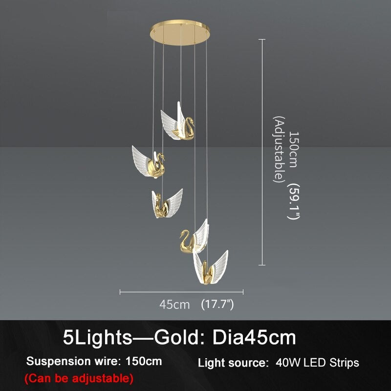 Swan Design Home Decor Lighting Gold Acrylic Staircase Chandelier For Stairwell