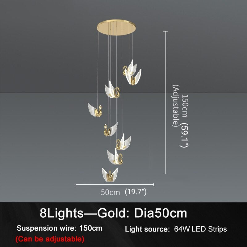 Swan Design Home Decor Lighting Gold Acrylic Staircase Chandelier For Stairwell