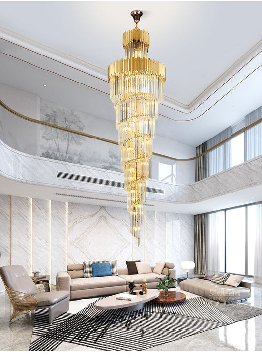 Luxury modern crystal chandelier for staircase, stairwell. Gold/chrome home decoration