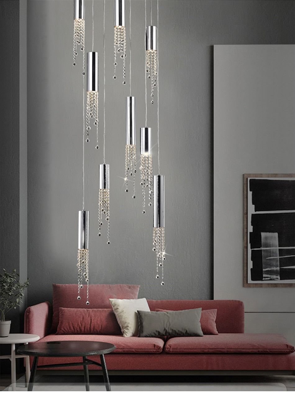 Hanging crystal light fixture for lobby, staircase, loft, lobby, stairwell