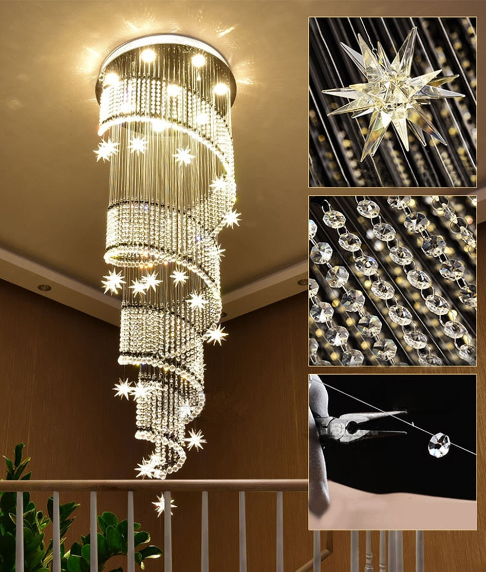 Meteor Star Crystal Ceiling Long Spiral Staircase Chandelier For Stairwell