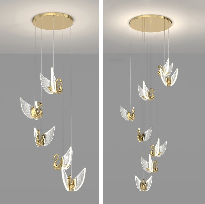 Swan Design Home Decor Lighting Gold Acrylic Staircase Chandelier For Stairwell