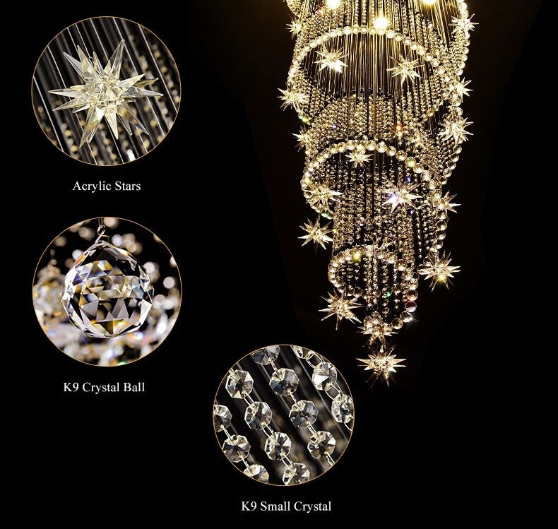 Meteor Star Crystal Ceiling Long Spiral Staircase Chandelier For Stairwell